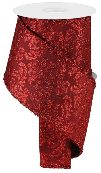 4" Bold Damask Dupioni Tinsel Ribbon: Burgundy (10 Yards)