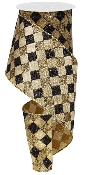 4" Glitter Diamond Check Ribbon: Gold & Black (10 Yards)