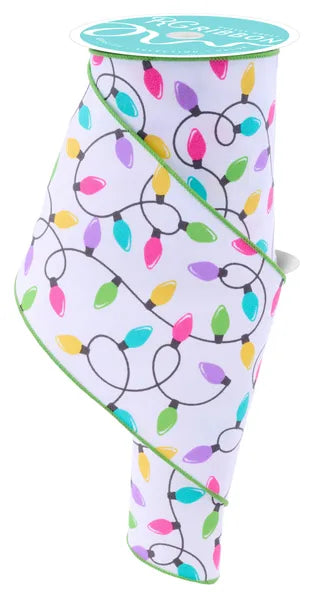 4"x10yds Christmas Lights Ribbon Wht/Pink/Ylw/Turq/Prpl