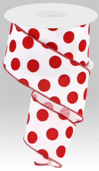 2.5"x10yds Velvet/Glitter Polka Dots Ribbon White/Red