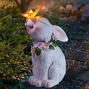 9.5" Solar Light Garden Figurine Rabbit w/ Butterfly