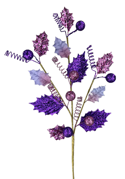 17" Glitter Holly Leaves & Ball Spray: Purple