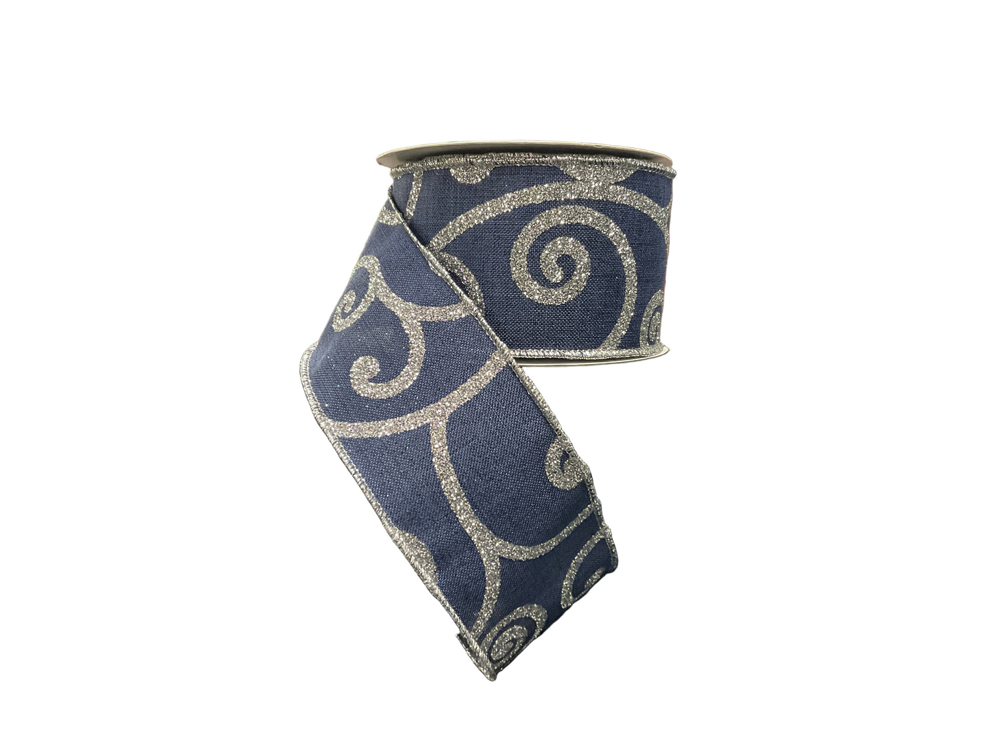 2.5" Bold Scroll Royal Canvas Ribbon - Navy/Silver