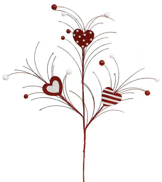 29"Oal Glitter Heart/Twig Spray: Red & White