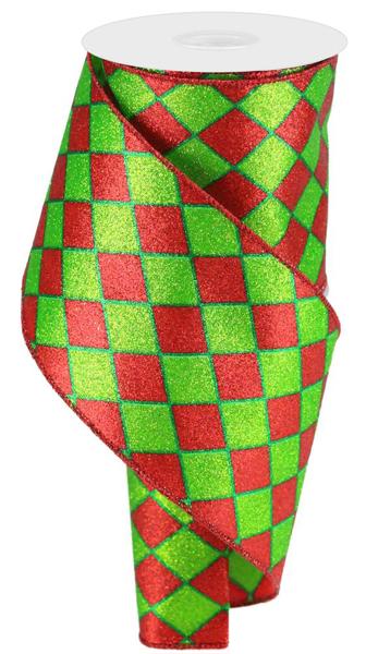 4" Glitter Harlequin Ribbon: Red & Lime (10 Yards)
