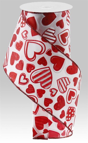 4" Patterned Hearts Ribbon: Red & White (10 Yards)