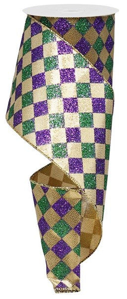 4" Glitter Diamond Check Ribbon: Mardi Gras (10 Yards)