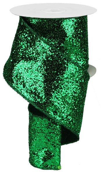 4" Large Glitter/Tinsel Ribbon:  Emerald Green (10 Yards)