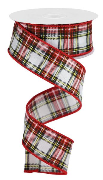 1.5" x 10yds Printed Plaid Look on Satin Ribbon Navy/Dk Gun/Red/Yllw/Wht