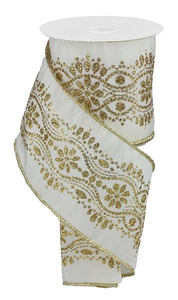 4" Luxurious Center Dupioni Ribbon: Ivory & Gold (10 Yards)