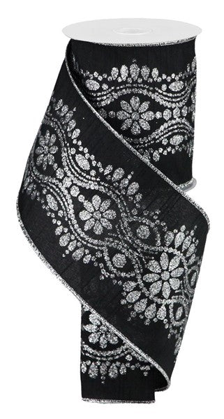 4" Luxurious Center Dupioni Ribbon: Black & Silver (10 Yards)