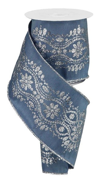 4" Luxurious Center Dupioni Ribbon: Smoke Blue & Silver (10 Yards)