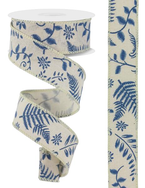 1.5" Embroidered Greenery Ribbon: Blue (10 Yards)