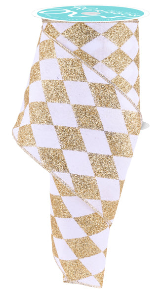 4" Glitter Harlequin Check Ribbon: Gold & White (10 Yards)