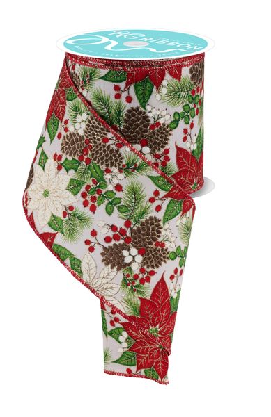 Poinsettia Foliage/Pinecones Ribbon
