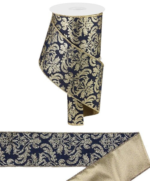 4" Bold Damask/Met Fused Back Ribbon: Navy Blue & Gold (10 yards)
