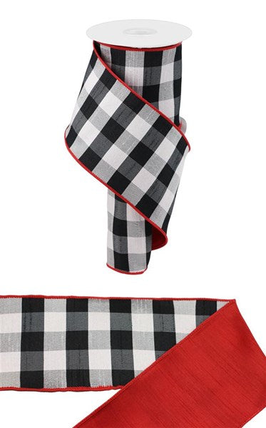 4" Buffalo Plaid Dupioni/FusedRibbon: Black, White & Red (10 Yards)