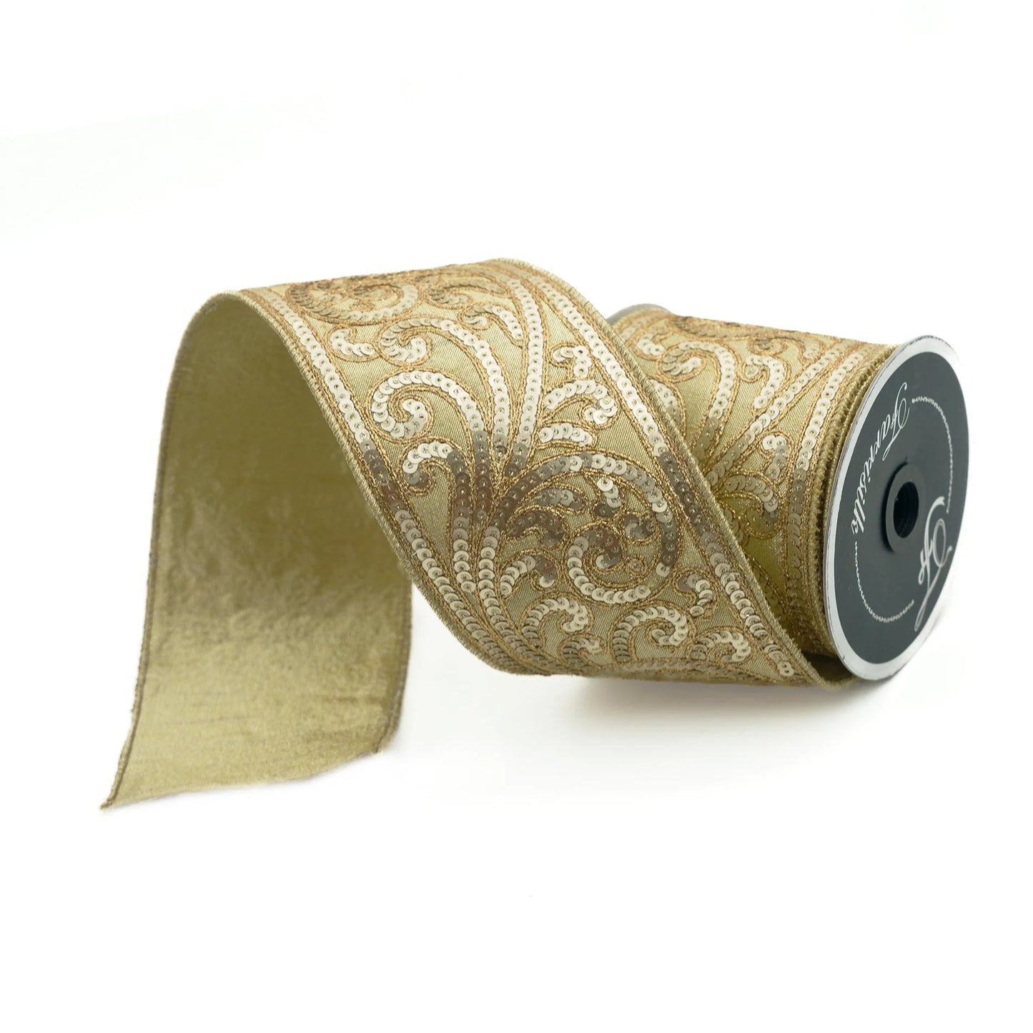 Farrisilk 4"x 5yds Swirling Sequins Ribbon Gold