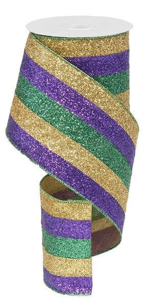 4" 5-in-1 Glitter Stripe Wire Edge Ribbon: Gold, Purple, & Green (10 Yards)