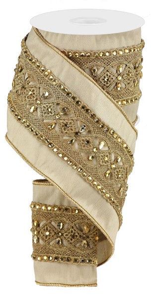 4" Jewel/metallic/lace Trim Dupioni Beige Ribbon: Champagne (5 Yards)