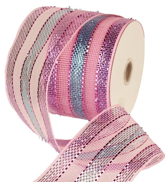 4" Wide Stripe Mesh Ribbon: Lavender, Turquoise, Pink (25 Yards)