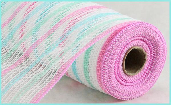 10.25" Faux Jute Stripe Mesh: Light Blue, Mint & Pink (10 Yards)