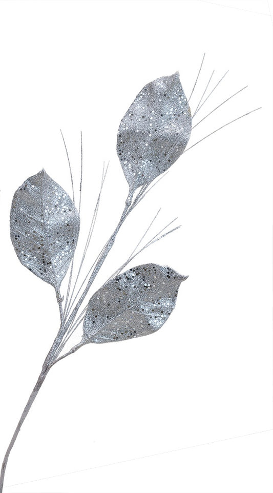 28" Glitter Leaf Spray: Silver