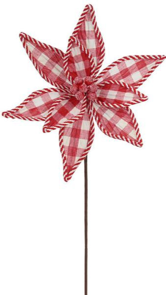 21"L Check Poinsettia Stem - Red/White