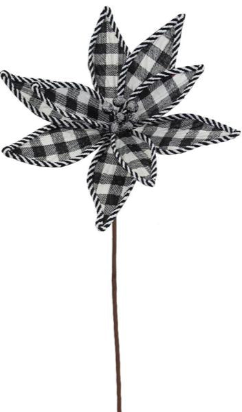 19.5"L Velvet/Plaid Poinsettia Stem: Black & White
