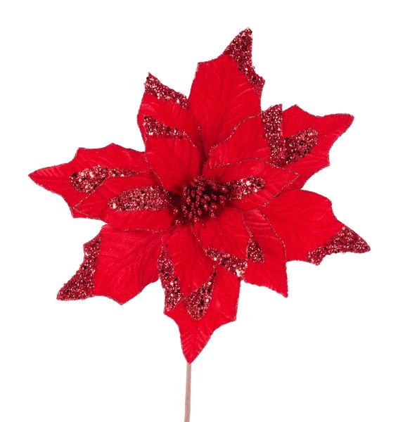 13"D x 20"L Velvet/Glitter Poinsettia Red