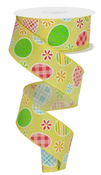 1.5" Checkered Plaid Egg/Daisy On PG Ribbon: Yellow (10 Yards)