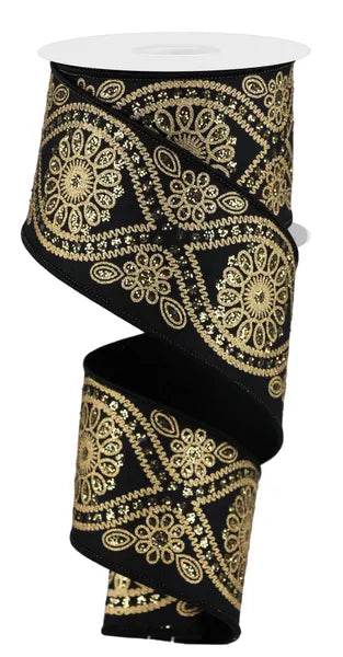2.5"x10yds Deluxe Wavy Floral/Stripe Ribbon Black/Gold