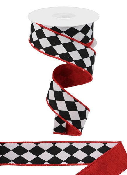 1.5" Harlequin/Dupioni Fused Back Ribbon: Red & Black (10 Yards)