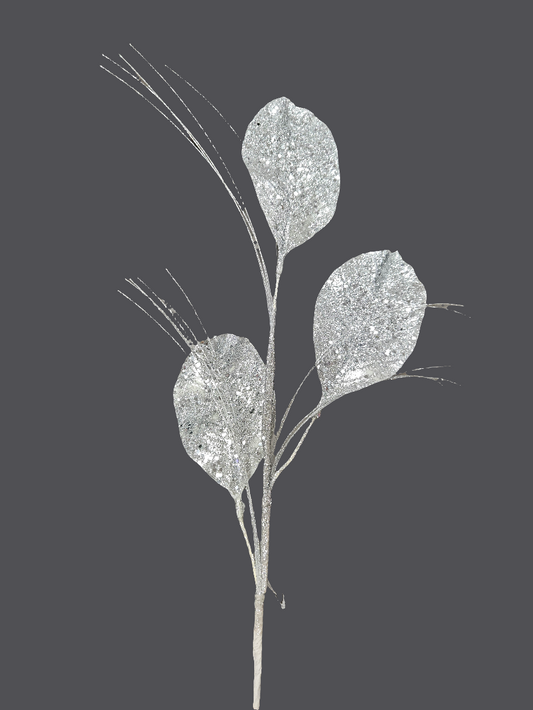 28" Glitter Leaf Spray: Silver