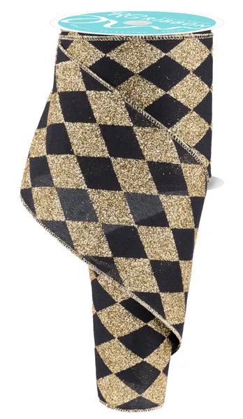 4" X 10yd Harlequin Check Blk/Gold