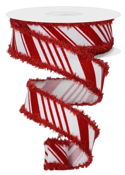 1.5"x10yds Velvet Diagonal Stripes/Drft/Tnsl White/Red