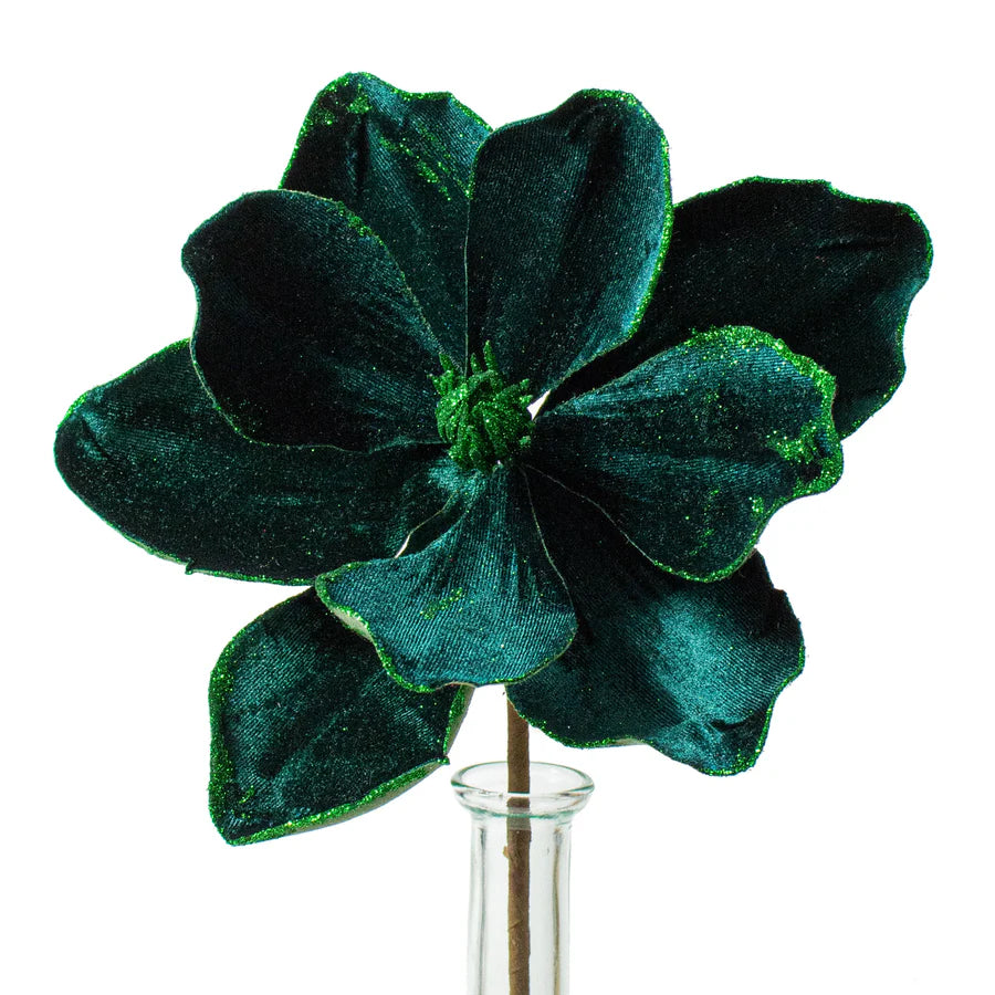 10" Velvet & Glitter Magnolia Spray: Green & Purple