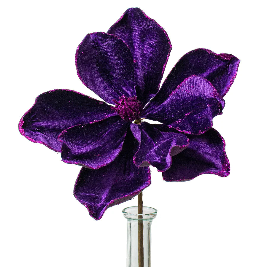 10" Velvet & Glitter Magnolia Spray: Green & Purple