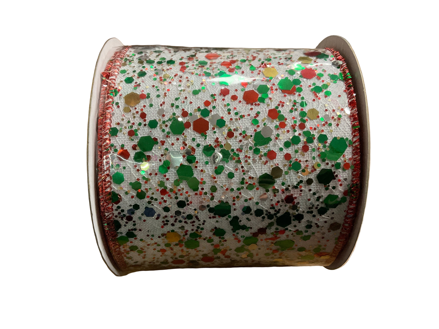 4” Sheer Mesh Red Green Flake Ribbon - 10 Yards