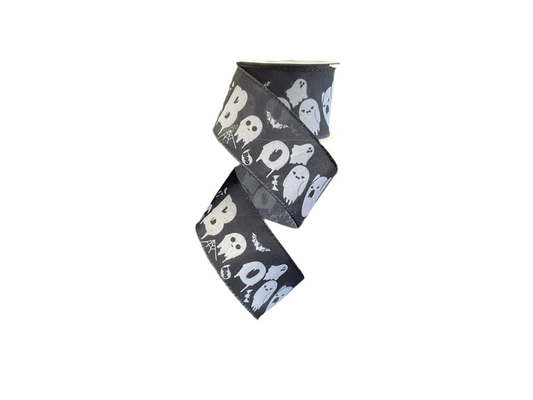 Halloween Ribbon 2.5 X 10 Yards - BOO Ghost Bk/wt