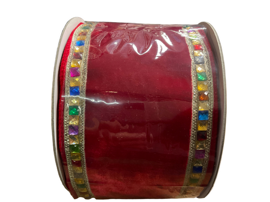 4” Farrisilk Velvet Ribbon with Gemstone Trim