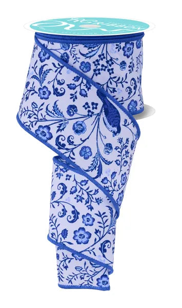 2.5" x 10yd Chinoiserie Ribbon White/Multi Blue