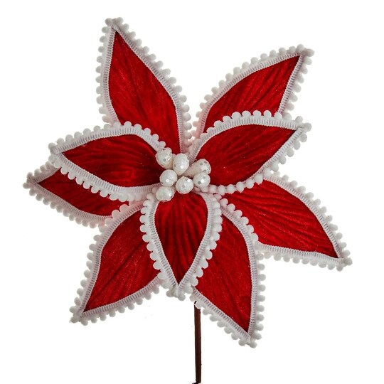 21" Velvet Ball Fringe Poinsettia: Red