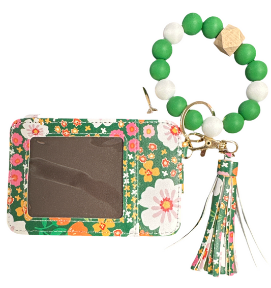 Silicone Beaded Bracelet Keyring w/ Floral Coin Wallet