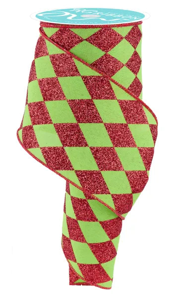 4" X 10yd Harlequin Check Grn/Red Glitter