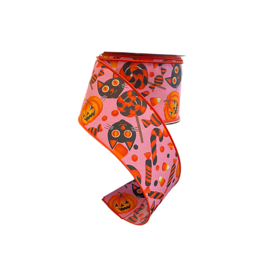 2.5” Halloween Ribbon 10yds - Pumpkin/Cats/Candy