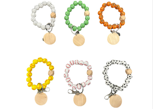 Wood Beaded Bracelet Sport Keyring