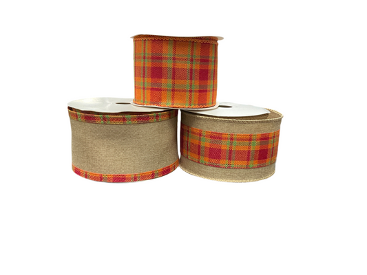 2.5” Orange Plaid / Burlap Ribbon x 10yds