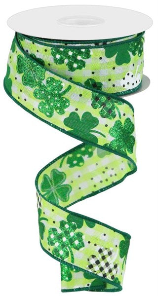 1.5" Green Patterned Shamrocks Ribbon (10 Yards)