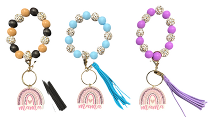 Silicone Beaded Bracelet Keyring w/ Tassel & Mama Rainbow